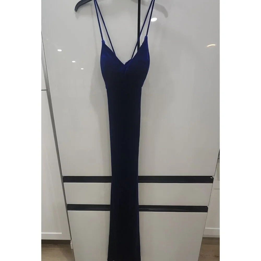 Blondie Nites Royal Blue Velvet Spaghetti Strap Gown Fitted Size 9 Draped Back D - Picture 3 of 6
